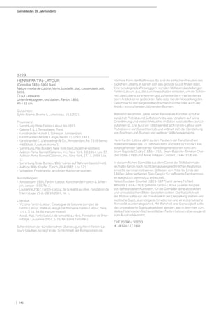 Gemälde des 19. Jahrhunderts
| 142
3229
HENRI FANTIN-LATOUR
(Grenoble 1836–1904 Buré)
Nature morte de cuisine. Verre, bouteille, plat, casserole et pot.
1856.
Öl auf Leinwand.
Unten links signiert und datiert: Fantin. 1856.
49 × 61 cm.
Gutachten:
Sylvie Brame, Brame  Lorenceau, 19.5.2021.
Provenienz:
- Sammlung Mme Fantin-Latour, bis 1919.
- Galerie F.  J. Tempelaere, Paris.
- Kunsthandel Huinch  Scherjon, Amsterdam.
- Kunsthandel Hans W. Lange, Berlin, 27.–29.1.1943.
- Kunsthandel E. J. Wisselingh  Co., Amsterdam, Nr. 7359 (verso
mit Etikett / „nature morte“).
- Sammlung Max Borden, New York (bei Obigem erworben).
- Auktion Parke Bernet Galleries, Inc., New York, 3.2.1954, Los 57.
- Auktion Parke Bernet Galleries, Inc., New York, 17.11.1954, Los
57.
- Sammlung Rose Borden, 1962 (verso auf Rahmen bezeichnet).
- Auktion Willy Klopfer, Zürich, 29.4.1982, Los 321.
- Schweizer Privatbesitz, an obiger Auktion erworben.
Ausstellungen:
- Amsterdam 1936, Fantin-Latour, Kunsthandel Hunich  Scher-
jon, Januar 1936, Nr. 2.
- Lausanne 2007, Fantin-Latour, de la réalité au rêve, Fondation de
l‘Hermitage, 29.6.-28.10.2007, Nr. 1.
Literatur:
- Victoria Fantin-Latour: Catalogue de l‘oeuvre complet de
Fantin-Latour, établi et rédigé par Madame Fantin-Latour, Paris
1911, S. 11, Nr. 66 (nature morte).
- Ausst.-Kat. Fanti-Latour, de la réalité au rêve, Fondation de l‘Her-
mitage, Lausanne 2007, S. 76, Nr. 1 (mit Farbabb.).
Schenkt man der künstlerischen Überzeugung Henri Fantin-La-
tours Glauben, so liegt in der Schlichtheit der Komposition die
höchste Form der Raffinesse. Es sind die einfachen Freuden des
täglichen Lebens, in denen sich das grösste Glück finden lässt.
Eine beruhigende Wirkung geht von den Stilllebendarstellungen
Fantin-Latours aus, die zum Innezuhalten einladen, um die Schön-
heit des Lebens zu erkennen und zu bewundern – sei es der es
beim Anblick einer gedeckten Tafel oder bei der Vorstellung des
Geschmacks der dargestellten frischen Früchte oder auch der
Anblick von duftenden, blühenden Blumen.
Während der ersten Jahre seiner Karriere als Künstler schuf er
zunächst Porträts und Selbstporträts, was vor allem auf seine
Orientierung und ersten Versuche, im Salon auszustellen, zurück-
zuführen ist. Erst kurz vor 1860 wendet sich Fantin-Latour vom
Porträtieren von Gesichtern ab und widmet sich der Darstellung
von Früchten und Blumen und weiterer Stilllebenelemente.
Henri Fantin-Latour zählt zu den Meistern der französischen
Stilllebenmalerei des 19. Jahrhunderts und reiht sich in die Linie
vorangehender talentierter Künstlergenerationen rund um
Jean-Baptiste Oudry (1686–1755), Jean-Baptiste-Siméon Char-
din (1699–1799) und Anne Vallayer-Coster (1744–1818) ein.
In diesem frühen Gemälde aus dem Genre der Stilllebenmale-
rei, hatte Fantin noch nicht den aussergewöhnlichen Realismus
erreicht, den man mit seinen Stillleben von Mitte bis Ende der
1860er-Jahre verbindet. Sein Gespür für raffinierte Farbharmoni-
en war jedoch bereits gut entwickelt.
Nebst Gustave Courbet (1819–1877) und James McNeill
Whistler (1834–1903) gehörte Fantin-Latour zu einer Gruppe
von befreundeten Künstlern, für die Gemälde keine abstrakten
und unrealistischen Bilder darstellen sollten. Die Natürlichkeit
der Motive sollte vor der Theatralik in der Darstellung stehen und
exotische Sujet, übersteigerte Emotionen und eine dramatische
Romantik wurden abgelehnt. Mit Wahrheit und Genauigkeit sollte
das unidealisierte Sujets abgebildet werden, was in dem hier zum
Verkauf stehenden Küchenstillleben Fantin-Latours überzeugend
zum Ausdruck kommt.
CHF 20 000 / 30 000
(€ 18 520 / 27 780)
 