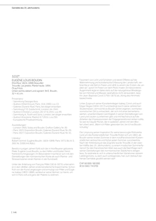 Gemälde des 19. Jahrhunderts
| 146
3232*
EUGÈNE LOUIS BOUDIN
(Honfleur 1824–1898 Deauville)
Trouville. Les jetées. Marée haute. 1894.
Öl auf Holz.
Unten rechts datiert und signiert: 94 E. Boudin.
32 × 41 cm.
Provenienz:
- Sammlung Georges Ibos.
- Auktion Hôtel Drouot, Paris, 19.6.1900, Los 13.
- Galeries Durand-Ruel, Paris, bei obiger erworben.
- Sammlung F. R. Goldschmit, London, bis 1941.
- Auktion Christie‘s, London, 26–27.6.1941, Los 99.
- Sammlung A. Tooth and Sons, London, bei obiger erworben.
- Auktion Ansorena, Madrid, 6.7.2010, Los 250.
- Europäische Privatsammlung.
Ausstellungen:
- London 1905, Sisley and Boudin, Grafton Gallery, Nr. 30.
- Paris 1923, Exposition Boudin, Galeries Durand-Ruel, Nr. 29.
- Paris 1927, Exposition Boudin, Galeries Durand-Ruel, Nr. 41.
Literatur:
Robert Schmit: Eugène Boudin, 1824–1898, Paris 1973, Bd. III, S.
269, Nr. 3308 (mit Abb.).
Bereits in jungen Jahren fühlt sich der in Honfleuerer geborene
Maler, Eugène Louis Boudin, zu den Häfen und Küsten Nord-
frankreichs hingezogen. Im Besonderen machte er sich mit den
Darstellungen der normannischen Küste als auch Marine- und
Strassenszenen einen Namen in der Kunstwelt.
Unter der Anleitung von François Millet (1814–1875) unternahm
er in den 1840er-Jahren erste künstlerische Experimente. Schon
früh von der Kunst angezogen und ermutigt von Millet und Eugè-
ne Isabey (1803–1886), verlässt er seine Heimat, Le Havre, um
sich in Paris voll und ganz der Malerei zu widmen.
Fasziniert von Licht und Schatten und deren Effekte auf die
Wahrnehmung und künstlerische Erfassung der Landschaft, ver-
brachte er viel Zeit im Freien und zählt zu einem der Ersten, die „en
plein air“, sprich im Freien vor dem Motiv malen. Ein besonderes
Augenmerk legte er dabei stets auf die naturgetreue Wiederga-
be von Himmel und Wasser, weshalb es nicht verwundert, dass
ihn Jean-Baptiste Corot (1795–1875) als „König des Himmels“
bezeichnete.
Unter Zuspruch seiner Künstlerkollegen Isabey, Corot und auch
Edgar Degas (1834–1917) und bedingt durch seine zahlreichen
Studienreisen, vermochte es Boudin seinen eigenen, vorimpres-
sionistischen Stil zu entwickeln, der sich mit einer bemerkens-
werten, unverkennbaren Leichtigkeit in seinen Darstellungen von
Land und Leuten zu erkennen gibt und mit Nachdruck auf die
Arbeiten der Impressionisten der Folgegenerationen wirken sollte.
So war es Claude Monet, der in späteren Jahren mit den Wor-
ten zitiert wird: „Wenn ich Maler geworden bin, bin ich es Boudin
schuldig.“
Der Ursprung seiner Inspiration für seine bevorzugte Motivreihe
rund um das Küstenstädtchen Trouville findet sich um 1863, als
Boudin seinen ersten Sommer in dem nordfranzösischen Küsten-
städtchen verbrachte und fortan jeden Sommer zurückkehrte.
Nach der Anbindung an das Zugnetz wurde Trouville, in der zwei-
ten Hälfte des 19. Jahrhunderts, zu einem modischen Sommerfe-
rienort für den französischen Adel, was auch die Nachfrage nach
seinen Darstellungen des normannischen Städtchens steigen
liess. So widmete er sich in unterschiedlichen Variationen seinem
Lieblingsmotiv, zu dem auch vorliegendes, hier zum Verkauf ste-
hende Gemälde gezählt werden darf.
CHF 60 000 / 80 000
(€ 55 560 / 74 070)
 