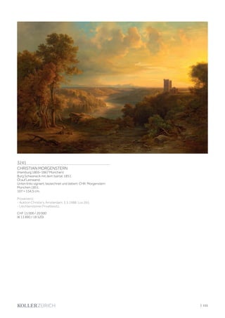 | 155
3241
CHRISTIAN MORGENSTERN
(Hamburg 1805–1867 München)
Burg Schwaneck mit dem Isartal. 1851.
Öl auf Leinwand.
Unten links signiert, bezeichnet und datiert: CHR. Morgenstern
München 1851.
107 × 154,5 cm.
Provenienz:
- Auktion Christie‘s, Amsterdam, 3.5.1988, Los 265.
- Liechtensteiner Privatbesitz.
CHF 15 000 / 20 000
(€ 13 890 / 18 520)
 