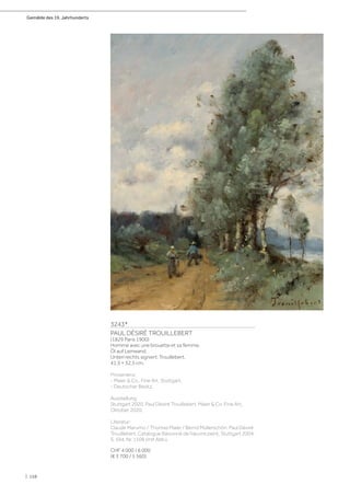 Gemälde des 19. Jahrhunderts
| 158
3243*
PAUL DÉSIRÉ TROUILLEBERT
(1829 Paris 1900)
Homme avec une brouette et sa femme.
Öl auf Leinwand.
Unten rechts signiert: Trouillebert.
41,5 × 32,5 cm.
Provenienz:
- Maier  Co., Fine Art, Stuttgart.
- Deutscher Besitz.
Ausstellung:
Stuttgart 2020, Paul Désiré Trouillebert, Maier  Co. Fine Art,
Oktober 2020.
Literatur:
Claude Marumo / Thomas Maier / Bernd Müllerschön: Paul Désiré
Trouillebert. Catalogue Raisonné de l‘œuvre peint, Stuttgart 2004,
S. 594, Nr. 1106 (mit Abb.).
CHF 4 000 / 6 000
(€ 3 700 / 5 560)
 