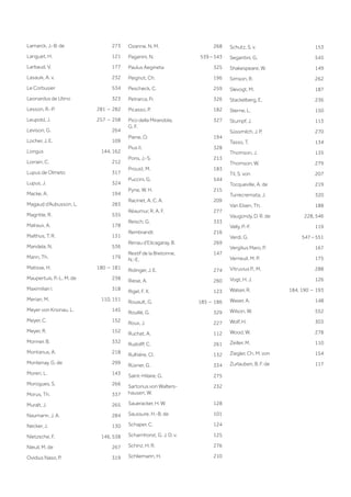 Lamarck, J.-B. de 273
Languet, H. 121
Larbaud, V. 177
Lasaulx, A. v. 232
Le Corbusier 534
Leonardus de Utino 323
Lesson, R.-P. 281 ‒ 282
Leupold, J. 257 ‒ 258
Levison, G. 264
Locher, J. E. 109
Longus 144, 162
Lorrain, C. 212
Lupus de Olmeto 317
Lupus, J. 324
Macke, A. 194
Magaud d‘Aubusson, L. 283
Magritte, R. 535
Malraux, A. 178
Malthus, T. R. 131
Mandela, N. 536
Mann, Th. 179
Matisse, H. 180 ‒ 181
Maupertuis, P.-L. M. de 238
Maximilian I. 318
Merian, M. 110, 151
Meyer von Knonau, L. 145
Meyer, C. 152
Meyer, R. 152
Monner, B. 332
Montanus, A. 218
Montenay, G. de 299
Moreri, L. 143
Morogues, S. 266
Morus, Th. 337
Muralt, J. 265
Naumann, J. A. 284
Necker, J. 130
Nietzsche, F. 146, 538
Nieuil, M. de 267
Ovidius Naso, P. 319
Ozanne, N. M. 268
Paganini, N. 539 ‒ 543
Paulus Aegineta 325
Peignot, Ch. 196
Pescheck, C. 259
Petrarca, Fr. 326
Picasso, P. 182
Pico della Mirandola,
G. F.
327
Piene, O. 194
Pius II. 328
Pons, J.-S. 213
Proust, M. 183
Puccini, G. 544
Pyne, W. H. 215
Racinet, A. C. A. 209
Réaumur, R. A. F. 277
Reisch, G. 333
Rembrandt 216
Renau d‘Elicagaray, B. 269
Restif de la Bretonne,
N.-E.
147
Ridinger, J. E. 274
Riese, A. 260
Rigel, F. X. 123
Rouault, G. 185 ‒ 186
Rouillé, G. 329
Roux, J. 227
Ruchat, A. 112
Rudolff, C. 261
Rulhière, Cl. 132
Rüxner, G. 334
Saint-Hilaire, G. 275
Sartorius von Walters-
hausen, W.
232
Saueracker, H. W. 128
Saussure, H.-B. de 101
Schaper, C. 124
Scharnhorst, G. J. D. v. 125
Schinz, H. R. 276
Schliemann, H. 210
Schutz, S. v. 153
Segantini, G. 545
Shakespeare, W. 149
Simson, R. 262
Slevogt, M. 187
Stackelberg, E, 236
Sterne, L. 150
Stumpf, J. 113
Süssmilch, J. P. 270
Tasso, T. 134
Thomson, J. 135
Thomson, W. 279
Til, S. von 207
Tocqueville, A. de 219
Turrecremata, J. 320
Van Elsen, Th. 188
Vaugondy, D. R. de 228, 546
Velly, P.-F. 119
Verdi, G. 547 ‒ 551
Vergilius Maro, P. 167
Verneuil, M. P. 175
Vitruvius P., M. 288
Vogt, H. J. 126
Walser, R. 184, 190 ‒ 193
Waser, A. 148
Wilson, W. 552
Wolf, H. 303
Wood, W. 278
Zeiller, M. 110
Ziegler, Ch. M. von 154
Zurlauben, B. F. de 117
 