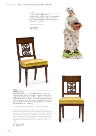 | 116
Decorative Arts | Möbel, Pendulen, Tapisserien, Skulpturen, Silber und Porzellan
1194*
FIGUR EINER GÄRTNERIN
Frankenthal, um 1784. Auf einem rocaille-gesäum-
ten Grassockel. In beiden Händen einen Blumen-
topf. Unterglasurblaue CT-Marke und Kurhut mit
Beizeichen 84. H 11,5 cm.
Kleine Restaurierungen.
CHF 400 / 600
(€ 370 / 560)
1195
PAAR STÜHLE
Restauration, Paris um 1820, der Werkstatt von Georges und
François-Honoré Jacob zuzuschreiben. Mahagoni. Trapezförmi-
ger gepolsterter Sitz auf gerader Zarge und hinteren Säbelbeinen.
Die Vorderbeine en faux bambus. Leicht geschwungene Rücken-
lehne mit geradem Schulterbrett und rechteckiger, durchbrochen
geschnitzter Zunge. Mit stilisierten Blumen gestickter, goldfarbe-
ner Seidenbezug. 48 x 39 x 87 cm.
Gebrauchsspuren und Reparaturen. Lack teilweise stumpf.
Die Söhne des berühmten Georges Jacob, Georges und
François-Honoré betrieben an der Rue Meslay eine Werkstatt. Sie
signierten ihre Arbeiten mit „Jacob frères Rue Meslée“ Ihre Arbeit
stand stark unter dem Einfluss des Vaters, war jedoch in der Aus-
führung etwas schlichter und weniger hochwertig. Vergleichbare
Stühle von Jacob frères abgebildet bei: Jean Nicolay: L‘Art et la
Manière des Maitres Ébénistes français, Paris 1976, Tome 1, 243,
Fig. D.
CHF 1 600 / 2 600
(€ 1 480 / 2 410)
 