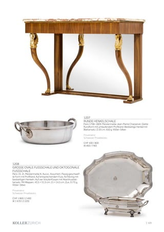 | 123
1207
RUNDE HENKELSCHALE
Paris 1798–1809. Meistermarke Jean-Pierre Charpenat. Glatte
Rundform mit umlaufendem Profilrand. Beidseitige Henkel mit
Blattansatz. D 20 cm. 650 g. 950er-Silber.
Provenienz:
Schweizer Privatbesitz.
CHF 500 / 800
(€ 460 / 740)
1208
GROSSE OVALE FUSSSCHALE UND OKTOGONALE
FUSSSCHALE
Paris 19. Jh. Meistermarke A. Aucoc. Assortiert. Passig geschweif-
te Form mit Profilrand. Auf entsprechendem Fuss. Achteckig mit
beidseitigen Henkeln. Auf vier Volutenfüssen mit Akanthusblat-
tansatz. Mit Wappen. 43,5 × 31,5 cm. 21 × 14,5 cm. Zus. 3175 g.
950er-Silber.
Provenienz:
Schweizer Privatbesitz.
CHF 1 800 / 2 400
(€ 1 670 / 2 220)
 
