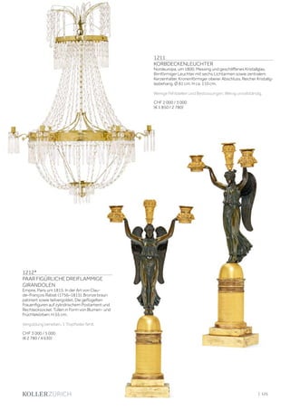 | 125
1211
KORBDECKENLEUCHTER
Nordeuropa, um 1800. Messing und geschliffenes Kristallglas.
Birnförmiger Leuchter mit sechs Lichtarmen sowie zentralem
Kerzenhalter. Kronenförmiger oberer Abschluss. Reicher Kristallg-
lasbehang. Ø 81 cm, H ca. 110 cm.
Wenige Fehlstellen und Bestossungen. Wenig unvollständig.
CHF 2 000 / 3 000
(€ 1 850 / 2 780)
1212*
PAAR FIGÜRLICHE DREIFLAMMIGE
GIRANDOLEN
Empire, Paris um 1815. In der Art von Clau-
de–François Rabiat (1756–1815). Bronze braun
patiniert sowie teilvergoldet. Die geflügelten
Frauenfiguren auf zylindrischem Postament und
Rechtecksockel. Tüllen in Form von Blumen- und
Früchtekörben. H 55 cm.
Vergoldung berieben. 1 Tropfteller fehlt.
CHF 3 000 / 5 000
(€ 2 780 / 4 630)
 