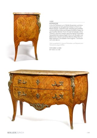 | 65
1102
KOMMODE
Louis XV, Frankreich um 1750/60. Rosenholz und Ama-
rant eingelegt mit teils getönten Hölzern in Form von
Blütenzweigen. Trapezförmiger, dreiseitig geschweifter
und bombierter Korpus auf ausgeschnittener Zarge mit
geschweiften Beinen. Front mit zwei Schubladen, ohne
Traverse, zwischen markant geschwungenen Eckstollen.
Vergoldete Bronzebeschläge in Form von Rocaillen und
Blattvoluten. Randmoulüriertes Brèche d‘Alep Marmor-
Blatt (repariert). Schubladen innen ergänzt. 1 Schlüssel.
137 x 52 x 89 cm.
Stark ausgebleicht, diverse Fehlstellen und Reparaturen.
Marketerie abgeschliffen.
CHF 8 000 / 12 000
(€ 7 410 / 11 110)
 