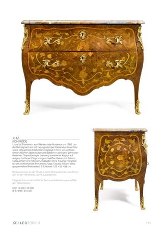 | 71
1112
KOMMODE
Louis XV, Frankreich, wohl Nantes oder Bordeaux um 1760. Un-
deutlich signiert und mit Innungsstempel. Palisander, Rosenholz
sowie teils getönte Edelhölzer eingelegt in Form von Lorbeer-
ranken, Blumen, Blattvoluten und Blättern in passigen, gefriesten
Reserven. Trapezförmiger, dreiseitig bombierter Korpus auf
ausgeschnittener Zarge und geschweiften Beinen mit Sabots.
Gebauchte Front mit zwei Schubladen ohne Traverse. Vergolde-
te, teils wohl ersetzte Bronzebeschläge. Graues, rot und weiss
gesprenkeltes Brekzieblatt. 2 Schlüssel. 122 × 62 × 85 cm.
Restaurationen an der Struktur sowie Restaurationen und Kittun-
gen an der Marketerie. Leicht ausgebleicht.
Elegante Kommode mit feiner Blumenmarketerie sowie auffälli-
gen Olivenranken.
CHF 15 000 / 25 000
(€ 13 890 / 23 150)
 