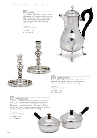 | 80
1128
1 PAAR KERZENSTÖCKE
Augsburg 1767–69. Meistermarke Johann Philipp Heckenauer.
Auf passig geschweiftem Tellerfuss mit eingezogenem,
balusterförmigem Schaft. H 14,5 cm. Zus. 480 g.
Provenienz:
Schweizer Privatbesitz.
CHF 1 400 / 2 200
(€ 1 300 / 2 040)
1129
1 PAAR KASSEROLLEN
Lausanne um 1760. Meistermarke Papus  Dautin. Deckel Bern,
Ende 19. Jh. von Ludwig Friedrich Brugger. Glatte Rundform mit
gedrechseltem Holzstiel in Silberfassung. Deckel stark gewölbt
mit Holzknauf. Die Deckel wurden im 19. Jh. ergänzt. Deckel mit
Inschrift 1.v.F. und 2.v.F. Stammt aus der Berner Patrizierfamilie von
Frisching. D 21 cm. L 41 cm (inkl. Stiel). Zus. 3180 g.
Provenienz:
Schweizer Privatbesitz.
CHF 2 500 / 5 000
(€ 2 310 / 4 630)
Decorative Arts | Möbel, Pendulen, Tapisserien, Skulpturen, Silber und Porzellan
1127
KAFFEEKANNE
Nyon, um 1760. Meistermarke Antoine Charrier.
Glattwandige Birnform auf drei Bocksfüssen. Ge-
wölbter, profilierter Deckel mit Knauf. Geschwun-
gener Holzhenkel. Eingraviertes Wappen der
Patrizierfamilie von Watteville (Wattenwyl).
H 22 cm. 470 g.
Provenienz:
Schweizer Privatbesitz.
CHF 2 000 / 4 000
(€ 1 850 / 3 700)
 