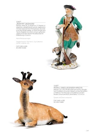 | 87
1141*
JÄGER MIT JAGDHUND
Meissen, Mitte 18. Jh. Modell von J. F. Eberlein. In
elegantem, pelzgefütterten grünen Jagdkostüm,
mit einer Hand auf eine Flinte gestützt, die ande-
re auf den Rücken gelegt, um seine Schulter eine
Tasche. Begleitet von einem schwarz gefleckten
Jagdhund auf dem flachen Rocaillesockel mit
Goldhöhung. H 15,8 cm.
Kleine Restaurierungen
Vergleichsstück: The Hans C. Syz Collection
(1979), S. 464 Nr. 310.
CHF 5 500 / 6 500
(€ 5 090 / 6 020)
1142*
MODELL EINES LIEGENDEN HIRSCHS
Meissen, um 1745. Mit dem Kopf nach rechts, naturalis-
tisch modelliert mit kurzem Geweih und das Fell staffiert
in Hellbraun mit Höhungen in Dunkelbraun auf dem
Rücken und auf der Brust. Ohne Marke. 11,5 x 9 cm.
Geweih und Ohren restauriert.
CHF 3 600 / 4 200
(€ 3 330 / 3 890)
 