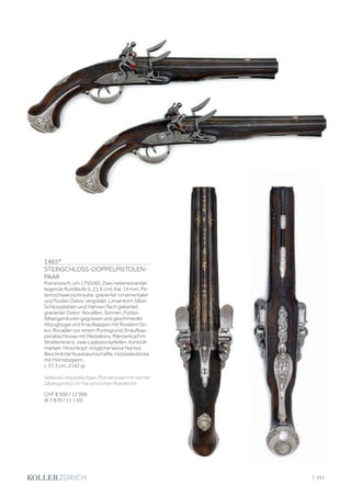 | 211
1465*
STEINSCHLOSS-DOPPELPISTOLEN-
PAAR
Französisch, um 1750/60. Zwei nebeneinander
liegende Rundläufe (L 21,6 cm), Kal. 14 mm, Pa-
tentschwanzschraube, gravierter ornamentaler
und floraler Dekor, vergoldet, Linsenkorn Silber.
Schlossplatten und Hahnen flach gekantet,
gravierter Dekor: Rocaillen, Sonnen, Putten.
Silbergarnituren gegossen und geschmiedet,
Abzugbügel und Knaufkappen mit floralem De-
kor, Rocaillen vor einem Punktgrund, Knaufkap-
penabschlüsse mit Medaillons, Männerkopf im
Strahlenkranz, zwei Ladestockpfeifen. Kontroll-
marken: Hirschkopf, möglicherweise Nantes.
Beschnitzte Nussbaumschäfte, Holzladestöcke
mit Horndoppern.
L 37,3 cm, 2142 gr.
Seltenes doppelläufiges Pistolenpaar mit reicher
Silbergarnitur im französischen Rokokostil.
CHF 8 500 / 12 000
(€ 7 870 / 11 110)
 