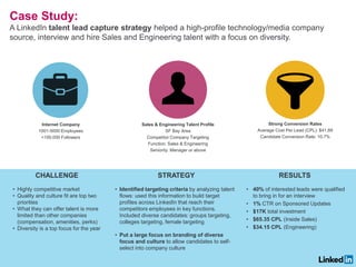 Case Study:
A LinkedIn talent lead capture strategy helped a high-profile technology/media company
source, interview and hire Sales and Engineering talent with a focus on diversity.
Internet Company
1001-5000 Employees
<100,000 Followers
Sales & Engineering Talent Profile
SF Bay Area
Competitor Company Targeting
Function: Sales & Engineering
Seniority: Manager or above
Strong Conversion Rates
Average Cost Per Lead (CPL): $41.89
Candidate Conversion Rate: 10.7%
CHALLENGE
• Highly competitive market
• Quality and culture fit are top two
priorities
• What they can offer talent is more
limited than other companies
(compensation, amenities, perks)
• Diversity is a top focus for the year
STRATEGY
• Identified targeting criteria by analyzing talent
flows: used this information to build target
profiles across LinkedIn that reach their
competitors employees in key functions.
Included diverse candidates: groups targeting,
colleges targeting, female targeting
• Put a large focus on branding of diverse
focus and culture to allow candidates to self-
select into company culture
RESULTS
• 40% of interested leads were qualified
to bring in for an interview
• 1% CTR on Sponsored Updates
• $17K total investment
• $65.35 CPL (Inside Sales)
• $34.15 CPL (Engineering)
 