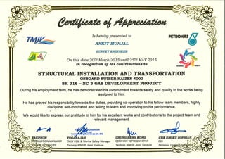 Petronas Certificate of Appreciation - Ankit Munjal Survey Engineer 