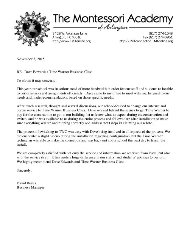 Montessori Academy Referral Letter