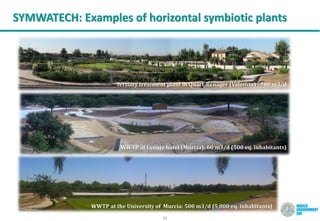 Tertiary treatment plant in Quart-Benager (Valencia) : 780 m3/d
Camping Moratalla (Murcia): 750 people
WWTP at Cenajo hotel (Murcia): 60 m3/d (500 eq. inhabitants)
17
SYMWATECH: Examples of horizontal symbiotic plants
WWTP at the University of Murcia: 500 m3/d (5,000 eq. inhabitants)
 