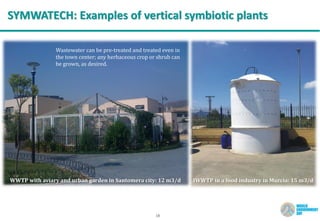 18
SYMWATECH: Examples of vertical symbiotic plants
Wastewater can be pre-treated and treated even in
the town center; any herbaceous crop or shrub can
be grown, as desired.
WWTP with aviary and urban garden in Santomera city: 12 m3/d IWWTP in a food industry in Murcia: 15 m3/d
 