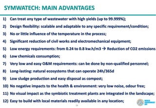 23
SYMWATECH: MAIN ADVANTAGES
1) Can treat any type of wastewater with high yields (up to 99.999%);
2) Design flexibility: scalable and adaptable to any specific requirement/condition;
3) No or little influence of the temperature in the process;
4) Significant reduction of civil works and electromechanical equipment;
5) Low energy requirements: from 0.24 to 0.8 kw.h/m3  Reduction of CO2 emissions
6) Low chemicals consumption;
7) Very low and easy O&M requirements: can be done by non-qualified personnel;
8) Long-lasting: natural ecosystems that can operate 24h/365d
9) Low sludge production and easy disposal as compost;
10) No negative impacts to the health & environment: very low noise, odour free;
11) No visual impact as the symbiotic treatment plants are integrated in the landscape;
12) Easy to build with local materials readily available in any location;
 
