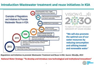 6
Introduction-Wastewater treatment and reuse initiatives in KSA
“We will also promote
the optimal use of our
water resources by
reducing consumption
and utilizing treated
and renewable water¨
National Water Strategy: “To develop and introduce new technological and institutional innovations”
Regulations and Initiatives to promote Wastewater Treatment and Reuse in KSA. Source: Marafiq, 2015
 