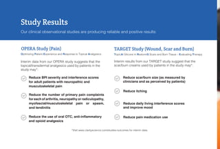 Study Results
Our clinical observational studies are producing reliable and positive results:
OPERA Study (Pain)
Optimizing Patient Experience and Response to Topical Analgesics
Interim data from our OPERA study suggests that the
topical/transdermal analgesics used by patients in the
study may*:
Reduce BPI severity and interference scores
for adult patients with neuropathic and
musculoskeletal pain
Reduce the number of primary pain complaints
for each of arthritis, neuropathy or radiculopathy,
myofascial/musculoskeletal pain or spasm,
and tendinitis


Reduce the use of oral OTC, anti-inflammatory
and opioid analgesics

TARGET Study (Wound, Scar and Burn)
TopicAl Silicone in RestorinG Scars and Burn Tissue – Evaluating Therapy
Interim results from our TARGET study suggest that the
scar/burn creams used by patients in the study may*:
Reduce scar/burn size (as measured by
clinicians and as perceived by patients)
Reduce itching


Reduce daily living interference scores
and improve mood

Reduce pain medication use
*Visit www.clarityscience.com/studies-outcomes for interim data.
 