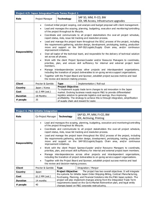 Japanese sap project manager resume