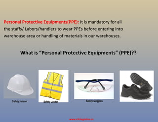 Personal Protective Equipments(PPE): It is mandatory for all
the staffs/ Labors/handlers to wear PPEs before entering into
warehouse area or handling of materials in our warehouses.
What is “Personal Protective Equipments” (PPE)??
Safety Helmet Safety Jacket Safety Goggles
www.cfclogistics.in
 