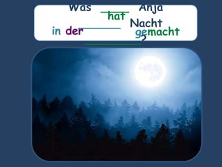 Was ____ Anja
______ Nacht
________?
in der
hat
gemacht
 