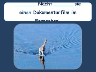 _______ Nacht ______ sie
einen Dokumentarfilm im
Fernsehen.
 