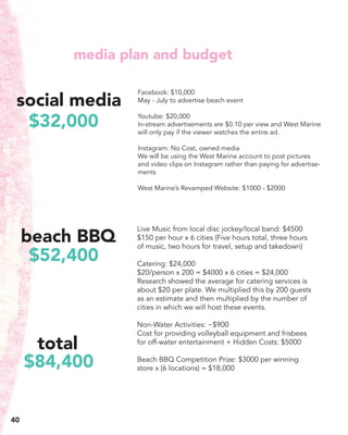 media plan and budget
social media
total
Facebook: $10,000
May - July to advertise beach event
Youtube: $20,000
In-stream advertisements are $0.10 per view and West Marine
will only pay if the viewer watches the entire ad.
	
Instagram: No Cost, owned media
We will be using the West Marine account to post pictures
and video clips on Instagram rather than paying for advertise-
ments
West Marine’s Revamped Website: $1000 - $2000
Live Music from local disc jockey/local band: $4500
$150 per hour x 6 cities (Five hours total, three hours
of music, two hours for travel, setup and takedown)
Catering: $24,000
$20/person x 200 = $4000 x 6 cities = $24,000
Research showed the average for catering services is
about $20 per plate. We multiplied this by 200 guests
as an estimate and then multiplied by the number of
cities in which we will host these events.
Non-Water Activities: ~$900
Cost for providing volleyball equipment and frisbees
for off-water entertainment + Hidden Costs: $5000
Beach BBQ Competition Prize: $3000 per winning
store x (6 locations) = $18,000
beach BBQ
$52,400
$32,000
$84,400
40
 