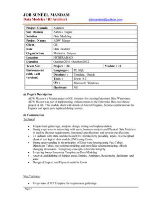JOB SUNEEL MANDAM
Data Modeler/ BI Architect jobmandam@outlook.com
Page 7
Project Domain Aviation
Sub Domain Airlines Engine
Solution Data Modeling
Project Name: ADW Master
Client GE
Role Data modeler
Organization Mahindra Satyam
Location HYDERABAD
Duration October/2011-October/2012
Team Size Project : 24 Module : 24
Environment
(with skill
versions)
Languages: PL SQL
Database : Teradata, Oracle
Tools : Erwin 8.2
O/s : Microsoft Windows
Hardware Nil
a) Project Description
ADW Master is a Master project of GE Aviation for creating Enterprise Data Warehouse.
ADW Master was part of implementing enhancements to the Enterprise Data warehouse
project of GE. This module dealt with details of Aircraft Engines, Services performed on the
Engines and spare parts replaced during service.
b) Contribution
Technical
 Requirement gatherings, analysis, design, testing and implementation.
 Strong experience in interacting with users, business analysts and Physical Data Modelers
to analyze the user requirements, functional specifications and system specifications.
 Co ordinate with Data Architects and ETL Architects by providing inputs on conceptual,
physical and logical data models (3NF) using Erwin.
 Strong understanding in the principles of Data ware housing using Fact Tables,
Dimension Tables, star schema modeling and snowflake schema modeling, Slowly
changing dimensions, foreign key concepts,referential integrity.
 Preparing Source Inventory Template on Data Modeling
 Analysis and defining of Subject areas,Entities, Attributes, Relationship definitions and
joins.
 Design of Logical and Physical model in Erwin
Non Technical
 Preparation of SIT Template for requirement gatherings
 