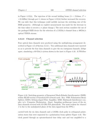 Chapter 4 160 OTDM channel selection
in Figure 4.15(ii). The injection of the second holding beam (λ = 1544nm, P =
+18.3dBm) through port 3, shown in Figure 4.15(iii) further increased the recovery.
We can infer that this technique could usefully increase the switching rate of the
IMZI geometry. (Although no explicit measurement was made for the decrease in
the time taken to recover a π phase change.) The next section considers the use of
the packaged IMZI device for the selection of a 2.5Gbit/s channel from a 40Gbit/s
optical TDMA stream.
4.3.2.3 Channel selection
Four optical data channels were produced using the multiplexing arrangement de-
scribed in Figure 4.5 of Section 4.2.2.1. Two additional data channels were inserted
so as to precede the four data channels to give the six contiguous channels, 23.6ps
apart, simulating a 40 Gbit/s system shown in the inset to Figure 4.16. A PM-ﬁbre
00
00
11
11
MMI MMI
port 0 port 1
port 2port 3
TIME
DELAY
µ300 m
IMZI PACKAGE
CLOCK
DATA
selected
channel
CLOCK
PBSEDFA
From computer
SOA 2
SOA 1
EDFA
20ps/div.
10mV/div.
Figure 4.16: Switching geometry of Integrated Mach-Zehnder Interferometer (IMZI)
within READ section of SynchroLAN network node. Key: PBS: Polarisation Beam
Splitter; EDFA: Erbium-doped Fibre Ampliﬁer; MMI: Multimode Interference cou-
pler; w/s: Computer Workstation. (Inset: Sampling oscilloscope traces of the six
data channels received with 45 GHz PiN photodiode. The noise evident for channel
2 is due to the maladjusted phase of the data signal from the PPG.)
carried both the six data channels and a 2.5GHz clock pulse in orthogonal polari-
sation states that were separated by a polarisation beam splitter Figure 4.16. The
clock passed through an optomechanical time delay unit and was ampliﬁed to a
 
