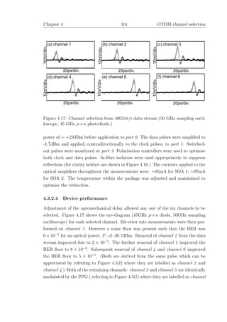Chapter 4 161 OTDM channel selection
10mV/div.
20ps/div.
(a) channel 1
10mV/div.
(b) channel 2
20ps/div. 20ps/div.
10mV/div.
(c) channel 310mV/div.
(d) channel 4
20ps/div.
10mV/div.
(e) channel 5
20ps/div.
10mV/div.
20ps/div.
(f) channel 6
Figure 4.17: Channel selection from 40Gbit/s data stream (50 GHz sampling oscil-
loscope, 45 GHz p-i-n photodiode.)
power of ∼ +23dBm before application to port 0. The data pulses were ampliﬁed to
-1.7dBm and applied, contradirectionally to the clock pulses, to port 1. Switched-
out pulses were monitored at port 3. Polarisation controllers were used to optimise
both clock and data pulses. In-ﬁbre isolators were used appropriately to suppress
reﬂections (for clarity neither are shown in Figure 4.16.) The currents applied to the
optical ampliﬁers throughtout the measurements were: ∼85mA for SOA 1; ∼97mA
for SOA 2. The temperature within the package was adjusted and maintained to
optimise the extinction.
4.3.2.4 Device performance
Adjustment of the optomechanical delay allowed any one of the six channels to be
selected. Figure 4.17 shows the eye-diagram (45GHz p-i-n diode, 50GHz sampling
oscilloscope) for each selected channel. Bit-error rate measurements were then per-
formed on channel 3. However a noise ﬂoor was present such that the BER was
6 × 10−5
for an optical power, P, of -30.7dBm. Removal of channel 2 from the data
stream improved this to 2 × 10−5
. The further removal of channel 1 improved the
BER ﬂoor to 8 × 10−6
. Subsequent removal of channel 4 and channel 6 improved
the BER ﬂoor to 5 × 10−7
. (Both are derived from the same pulse which can be
appreciated by referring to Figure 4.5(f) where they are labelled as channel 2 and
channel 4.) Both of the remaining channels: channel 3 and channel 5 are identically
modulated by the PPG ( referring to Figure 4.5(f) where they are labelled as channel
 