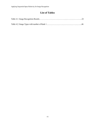 Applying Sequential Space Relativity for Image Recognition
List of Tables
Table 4.1: Image Recognition Results…………………………………………………………...22
Table 4.2: Image Types with number of Rank 1………………………………………………...46
vii
 