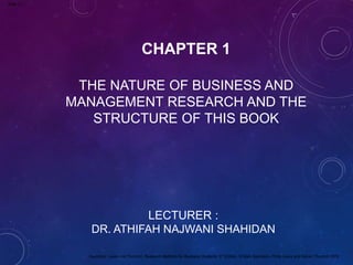 Slide 1.1
Saunders, Lewis and Thornhill, Research Methods for Business Students, 5th Edition, © Mark Saunders, Philip Lewis and Adrian Thornhill 2009
CHAPTER 1
THE NATURE OF BUSINESS AND
MANAGEMENT RESEARCH AND THE
STRUCTURE OF THIS BOOK
LECTURER :
DR. ATHIFAH NAJWANI SHAHIDAN
 