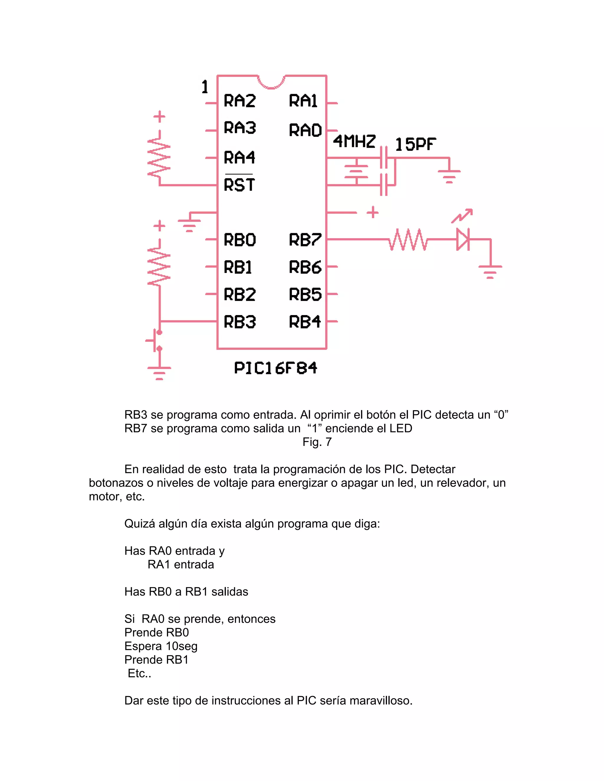 RB3 se programa como entrada. Al oprimir el botón el PIC detecta un “0”
      RB7 se programa como salida un “1” enciende el LED
                                    Fig. 7

       En realidad de esto trata la programación de los PIC. Detectar
botonazos o niveles de voltaje para energizar o apagar un led, un relevador, un
motor, etc.

      Quizá algún día exista algún programa que diga:

      Has RA0 entrada y
          RA1 entrada

      Has RB0 a RB1 salidas

      Si RA0 se prende, entonces
      Prende RB0
      Espera 10seg
      Prende RB1
      Etc..

      Dar este tipo de instrucciones al PIC sería maravilloso.
 