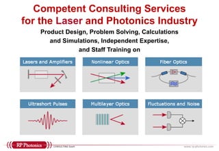 Competent Consulting Services
for the Laser and Photonics Industry
Product Design, Problem Solving, Calculations
and Simulations, Independent Expertise,
and Staff Training on
 