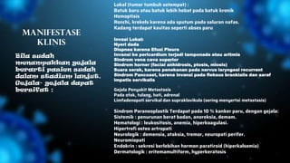 Lokal (tumor tumbuh setempat) :
Batuk baru atau batuk lebih hebat pada batuk kronik
Hemoptisis
Ronchi, krekels karena ada sputum pada saluran nafas.
Kadang terdapat kavitas seperti abses paru
Invasi Lokal:
Nyeri dada
Dispnea karena Efusi Pleura
Invansi ke pericardium terjadi tamponade atau aritmia
Sindrom vena cava superior
Sindrom horner (facial anhidrosis, ptosis, miosis)
Suara serak, karena penekanan pada nervus laryngeal recurrent
Sindrom Pancoast, karena invansi pada fleksus brankialis dan saraf
impatis servikalis
Gejala Penyakit Metastasis
Pada otak, tulang, hati, adrenal
Limfadenopati servikal dan supraklavikula (sering menyertai metastasis)
Sindrom Paraneoplastik Terdapat pada 10 % kanker paru, dengan gejala:
Sistemik : penurunan berat badan, anoreksia, demam.
Hematologi : leukositosis, anemia, hiperkoagulasi.
Hipertrofi osteo artropati
Neurologik : demensia, ataksia, tremor, neuropati perifer.
Neuromiopati
Endokrin : sekresi berlebihan hormon paratiroid (hiperkalsemia)
Dermatologik : eritemamultiform, hyperkeratosis
Bila sudah
menampakkan gejala
berarti pasien sudah
dalam stadium lanjut.
Gejala- gejala dapat
bersifat :
Manifestase
klinis
 