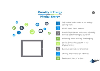10
1
The human body: where is our energy
coming from?
Myths about foods and diet
How to improve our health and efficiency
through better managing our diet?
Breathing, water drinking and sleeping
Stories of muscles: growth of our
physical energy
b
m
h
Quantity of Energy
Physical Energy
2
3
4
5
6
7
8
Exercises: aerobic and anaerobic
Obesity, and how to get rid of fat
Review and plan of actions
 