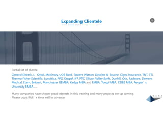 18
Partial list of clients:
General Electric, L’Oreal, McKinsey, UOB Bank, Towers Watson, Deloitte & Touche, Cigna Insurance, TNT, TTi,
Thermo Fisher Scientific, Luxottica, PPG, Keppel, IFF, PTC, Silicon Valley Bank, Dunhill, Otis, Radware, Siemens
Medical, Etam, Bekaert, Manchester GEMBA, Kedge MBA and EMBA, Tongji MBA, CEIBS MBA, People’s
University EMBA……
Expanding Clientele
Many companies have shown great interests in this training and many projects are up coming.
Please book Rick’s time well in advance.
 