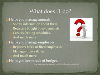Helps you manage animals.
 Shows information about them.
 Registers bought or sold animals.
 Creates feeding schedules.
 And much more!
Helps you manage employees.
 Registers hired or fired employees.
 Manages their salaries.
 And much more.
Helps you keep track of budget.
 Or at least that’s what it’s meant to do! It’s still version 1.1.0 after all.
 