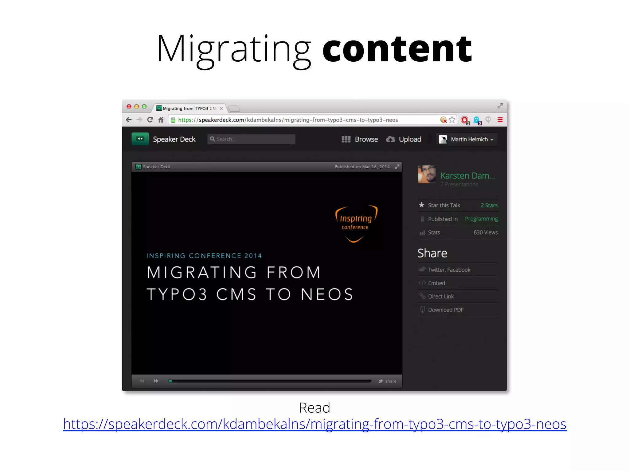 Migrating content 
Read 
https://speakerdeck.com/kdambekalns/migrating-from-typo3-cms-to-typo3-neos 
 