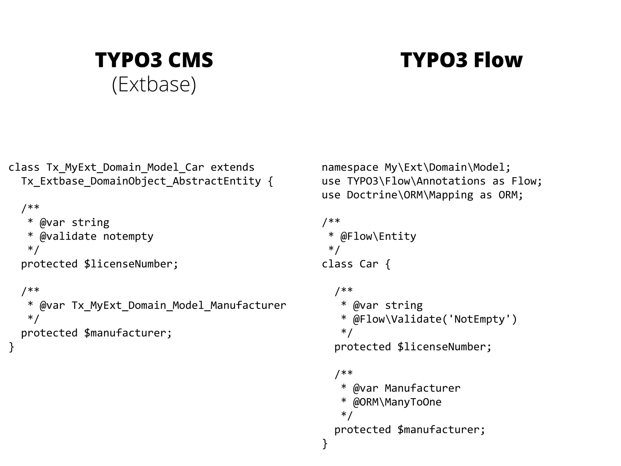 TYPO3 CMS 
(Extbase) 
TYPO3 Flow 
class 
Tx_MyExt_Domain_Model_Car 
extends 
Tx_Extbase_DomainObject_AbstractEntity 
{ 
/** 
* 
@var 
string 
* 
@validate 
notempty 
*/ 
protected 
$licenseNumber; 
/** 
* 
@var 
Tx_MyExt_Domain_Model_Manufacturer 
*/ 
protected 
$manufacturer; 
} 
namespace 
MyExtDomainModel; 
use 
TYPO3FlowAnnotations 
as 
Flow; 
use 
DoctrineORMMapping 
as 
ORM; 
/** 
* 
@FlowEntity 
*/ 
class 
Car 
{ 
/** 
* 
@var 
string 
* 
@FlowValidate('NotEmpty') 
*/ 
protected 
$licenseNumber; 
/** 
* 
@var 
Manufacturer 
* 
@ORMManyToOne 
*/ 
protected 
$manufacturer; 
} 
 