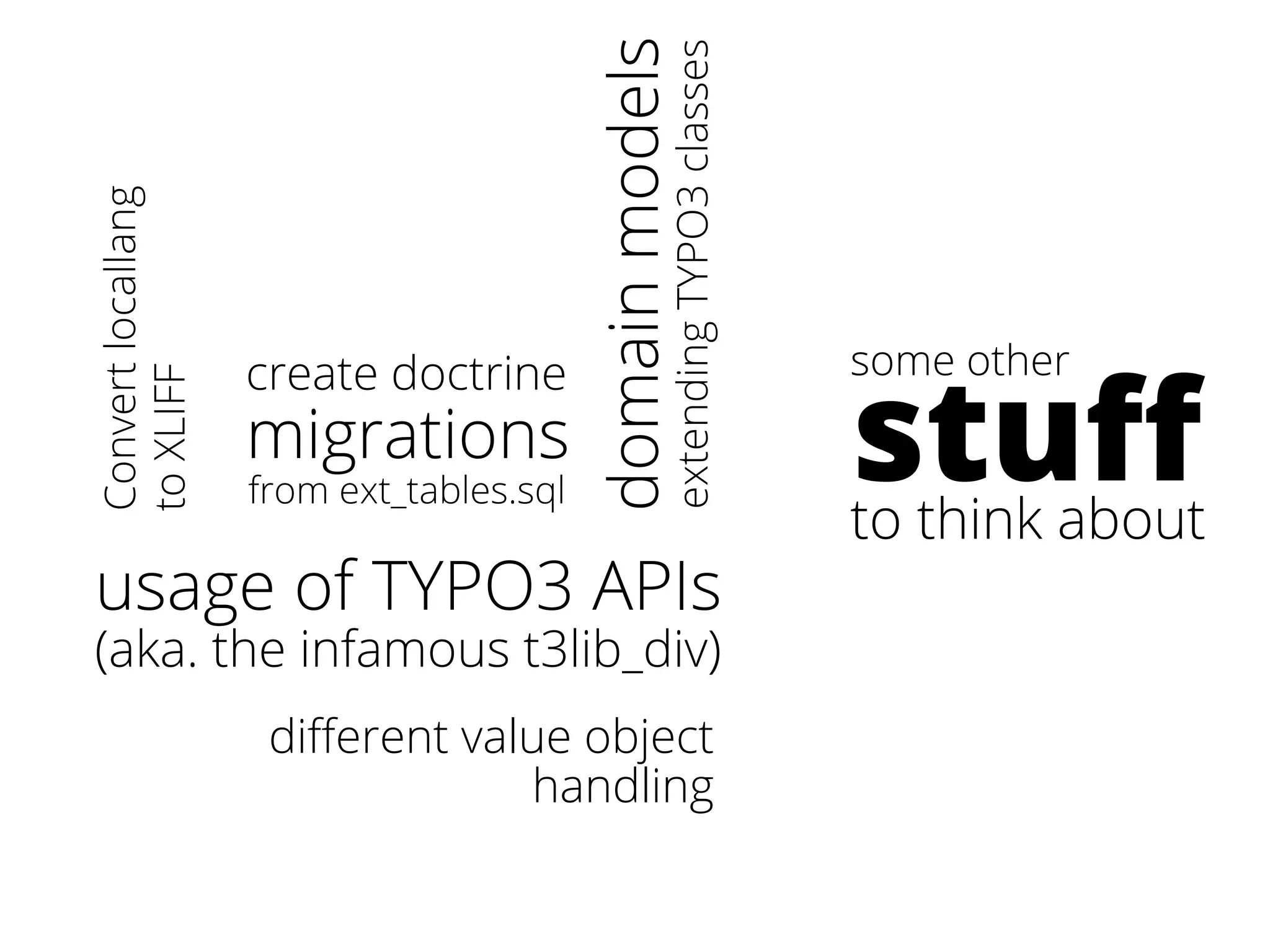 some other stuff to think about 
Convert locallang 
to XLIFF 
create doctrine 
migrations 
from ext_tables.sql 
domain models 
extending TYPO3 classes 
usage of TYPO3 APIs 
(aka. the infamous t3lib_div) 
different value object 
handling 
 