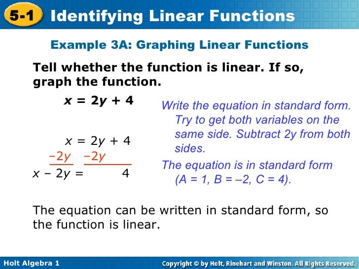 chapter 5 identifying linear functions standard form of a linear function