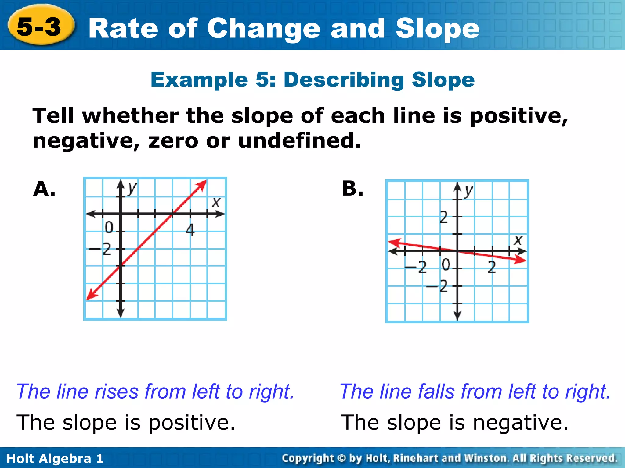 Example 5: Describing Slope Tell whether the slope of each line is positive, negative, zero or undefined.  The line rises from left to right.  The line falls from left to right. The slope is positive. The slope is negative. A. B. 