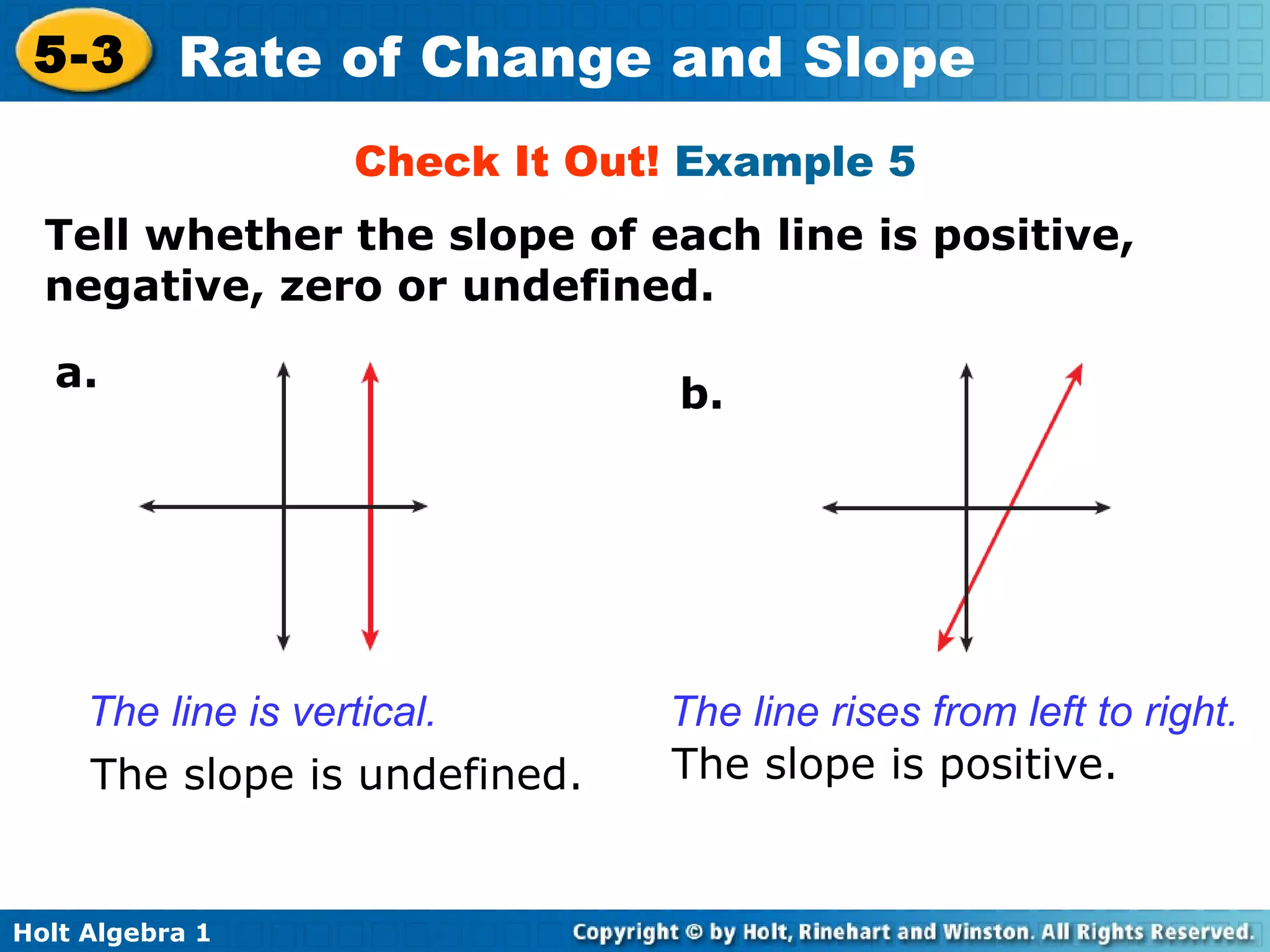 Check It Out!  Example 5 Tell whether the slope of each line is positive, negative, zero or undefined.  a. b. The line rises from left to right.  The slope is positive. The line is vertical.  The slope is undefined. 
