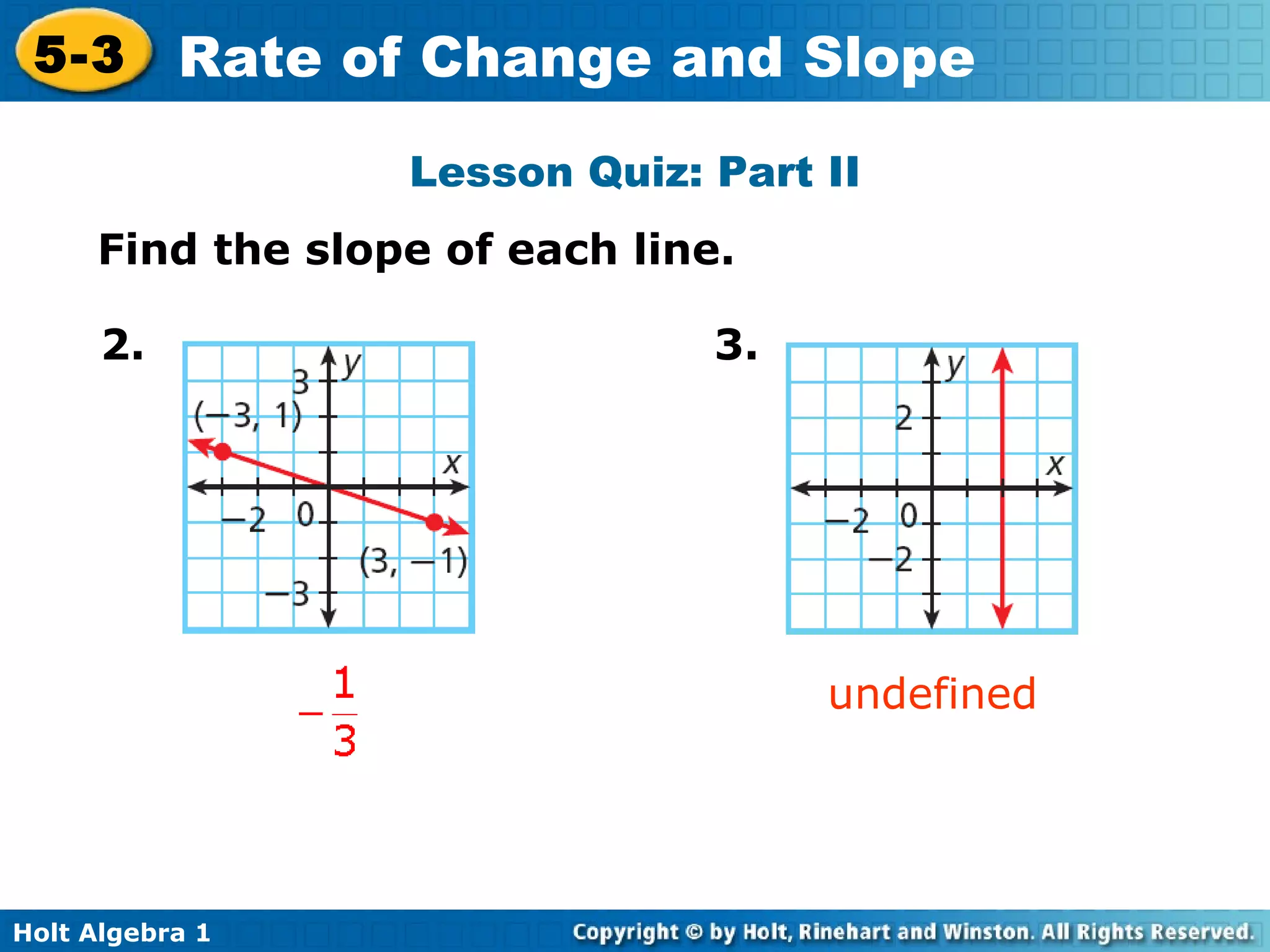 Lesson Quiz: Part II Find the slope of each line. undefined 2. 3. 