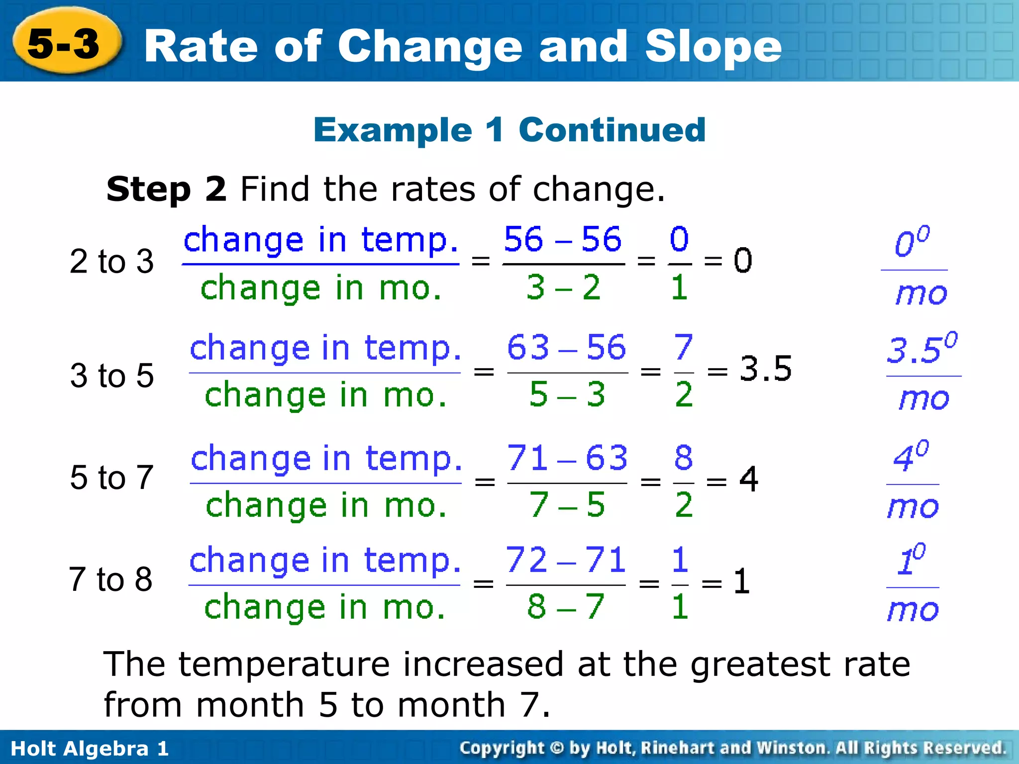 Step 2  Find the rates of change. Example 1 Continued The temperature increased at the greatest rate from month 5 to month 7. 3 to 5 5 to 7 7 to 8 2 to 3 
