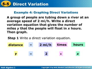 Example 4: Graphing Direct Variations A group of people are tubing down a river at an average speed of 2 mi/h. Write a direct variation equation that gives the number of miles  y  that the people will float in  x  hours. Then graph. Step 1  Write a direct variation equation. distance = 2 mi/h times hours y = 2  x 