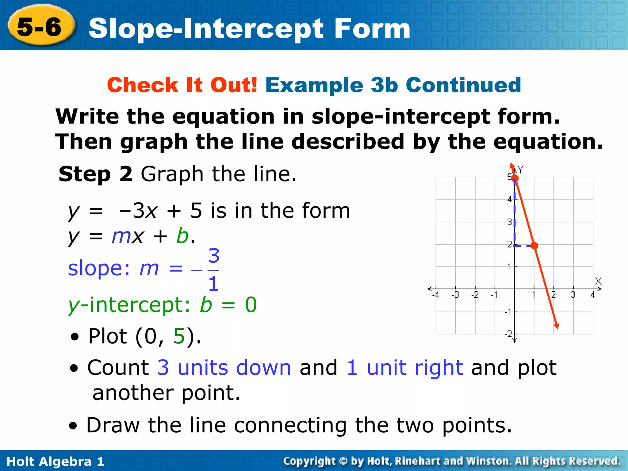 Check It Out!  Example 3b Continued Step 2  Graph the line. y =  –3 x +  5 is in the form  y =  m x +  b .  y -intercept:  b  = 0 •  Plot (0,  5 ). • •  Count  3 units down  and  1 unit right  and plot another point. •   Draw the line connecting the two points. • Write the equation in slope-intercept form. Then graph the line described by the equation. slope:  m =  