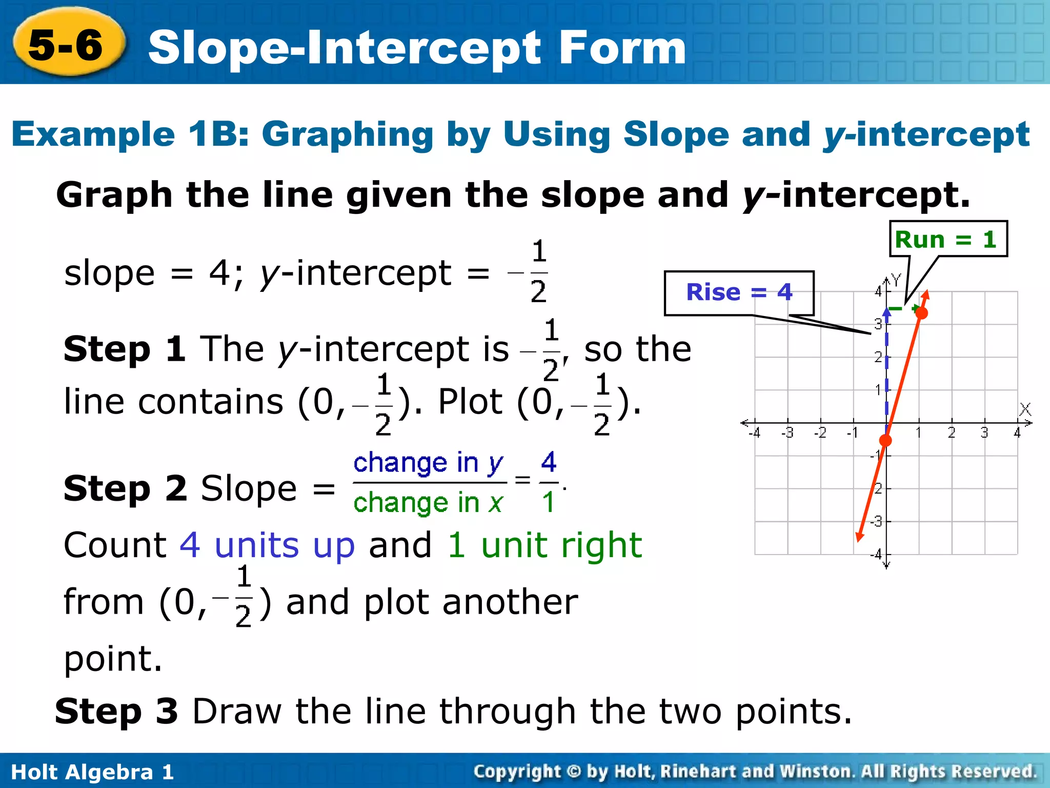 Step 3  Draw the line through the two points. • • Rise = 4 Example 1B: Graphing by Using Slope and  y- intercept Graph the line given the slope and  y- intercept. slope = 4;  y -intercept =  Step 1  The  y -intercept is  , so the line contains (0,  ). Plot (0,  ).  Run = 1 Step 2  Slope =  Count  4 units up  and  1 unit right  from (0,  ) and plot another point. 