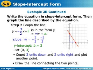 Example 3B Continued Step 2  Graph the line. Plot (0,  3 ). •   Count  3 units down  and  2 units right  and plot another point. •   Draw the line connecting the two points. • • Write the equation in slope-intercept form. Then graph the line described by the equation.  slope:  m = y -intercept:  b  = 3 is in the form  y =  m x +   b .  