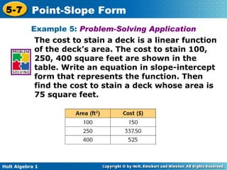 Example 5:  Problem-Solving Application The cost to stain a deck is a linear function of the deck’s area. The cost to stain 100, 250, 400 square feet are shown in the table. Write an equation in slope-intercept form that represents the function. Then find the cost to stain a deck whose area is 75 square feet.  